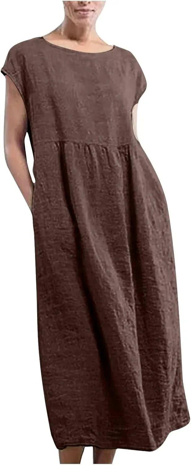 hlysgo Cotton Linen Dresses for Women 2025 Summer Short Sleeve Crew Neck Midi Dress Casual Loose Comfy Plus Size Beach Dress