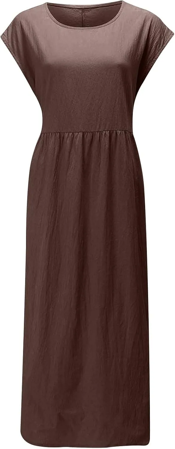 hlysgo Cotton Linen Dresses for Women 2025 Summer Short Sleeve Crew Neck Midi Dress Casual Loose Comfy Plus Size Beach Dress