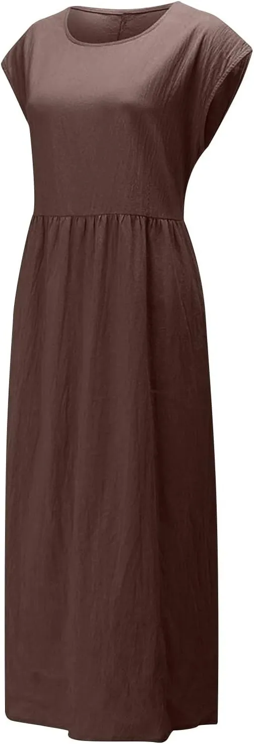 hlysgo Cotton Linen Dresses for Women 2025 Summer Short Sleeve Crew Neck Midi Dress Casual Loose Comfy Plus Size Beach Dress