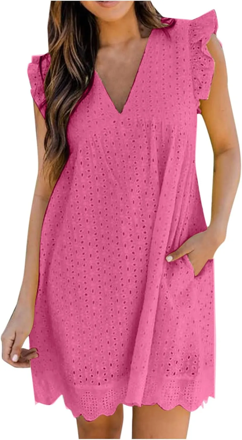 hlysgo Holiday Dresses for Women 2025 Summer Sleeveless V Neck Mini Sundress Casual Loose Ruffled Beach Dress with Pockets
