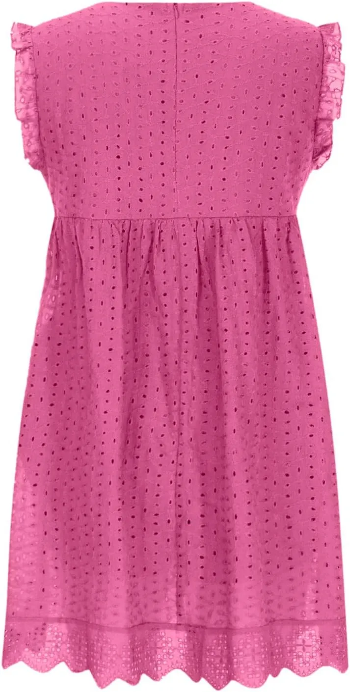 hlysgo Holiday Dresses for Women 2025 Summer Sleeveless V Neck Mini Sundress Casual Loose Ruffled Beach Dress with Pockets