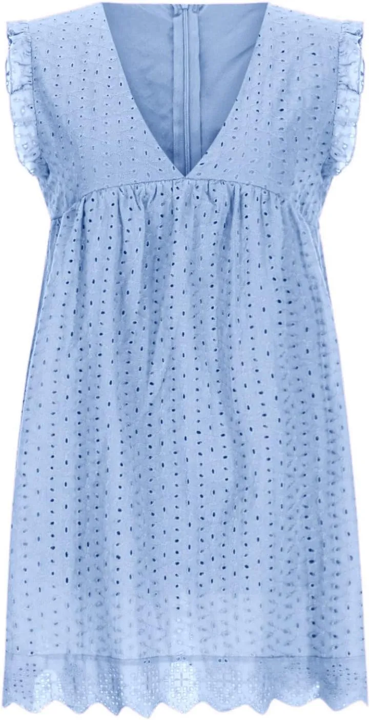 hlysgo Holiday Dresses for Women 2025 Summer Sleeveless V Neck Mini Sundress Casual Loose Ruffled Beach Dress with Pockets