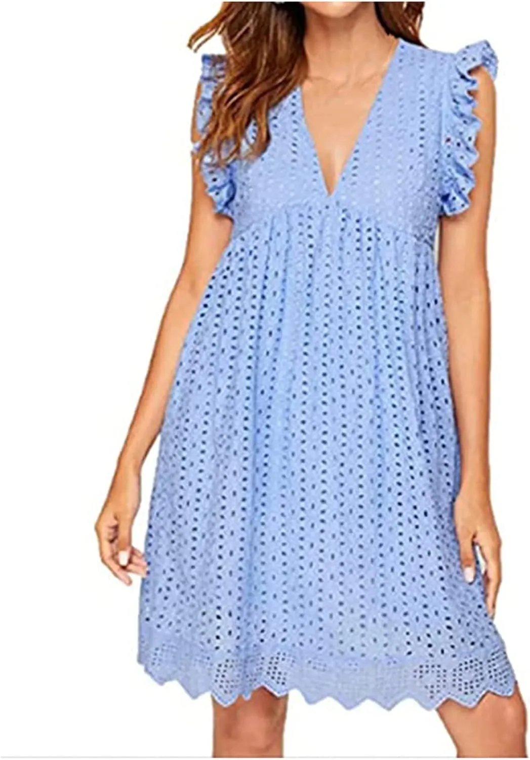 hlysgo Holiday Dresses for Women 2025 Summer Sleeveless V Neck Mini Sundress Casual Loose Ruffled Beach Dress with Pockets