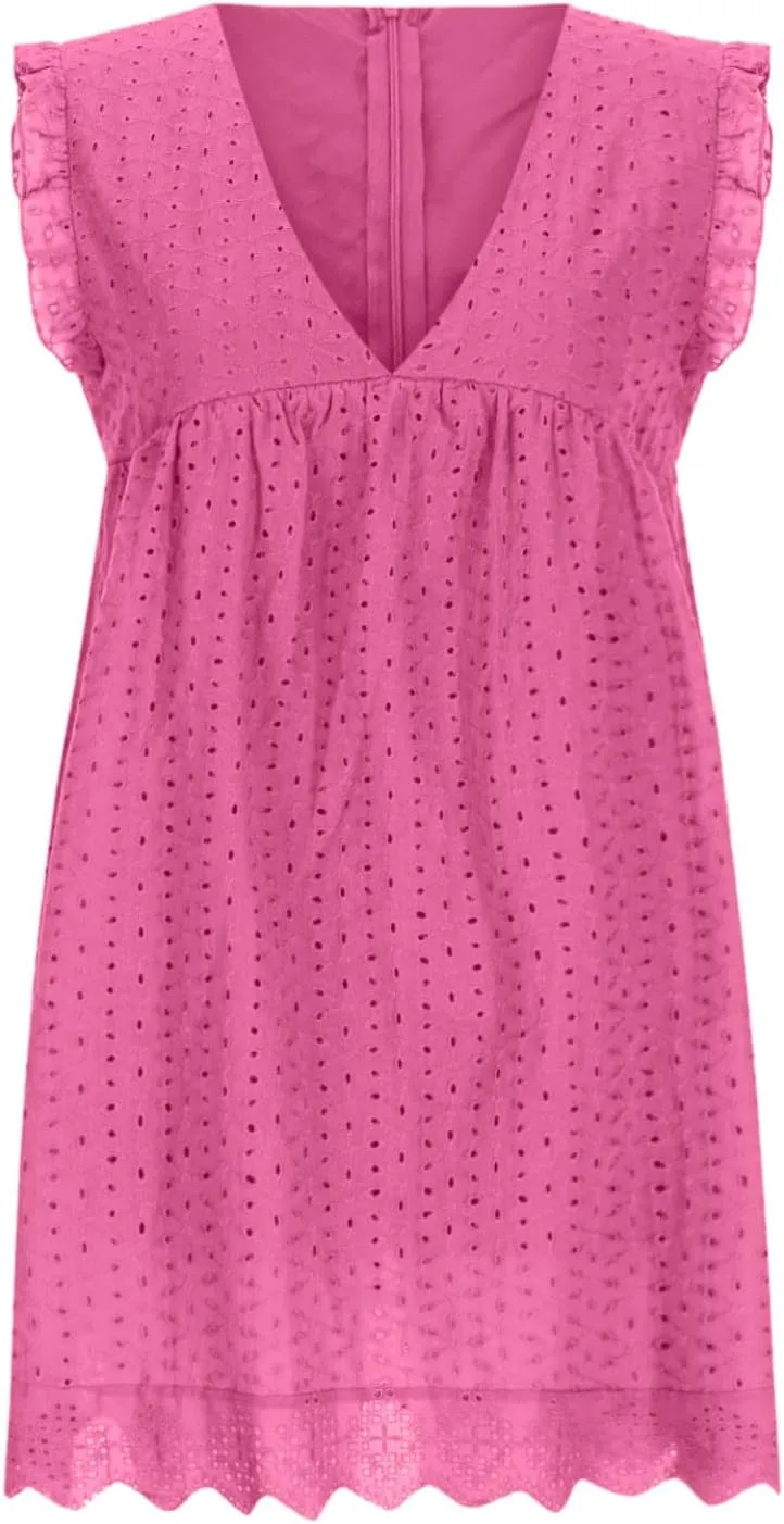 hlysgo Holiday Dresses for Women 2025 Summer Sleeveless V Neck Mini Sundress Casual Loose Ruffled Beach Dress with Pockets