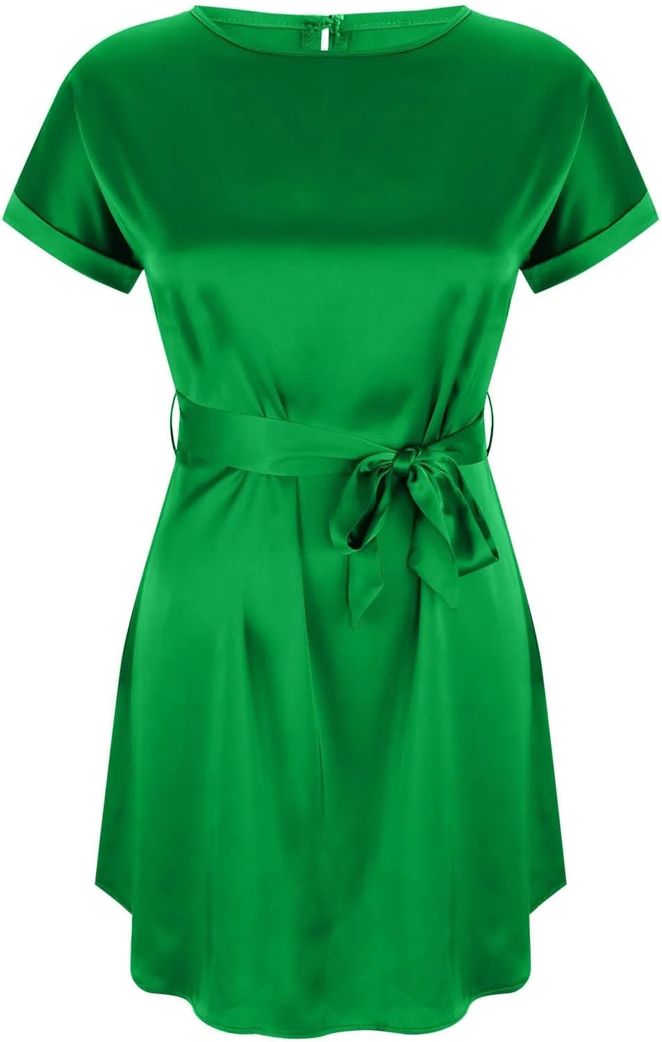 hlysgo Mini Dresses for Women Casual Loose Fit Short Sleeve Crew Neck Party Dress Trendy Silk Satin Tie-Belt Going Out Dress