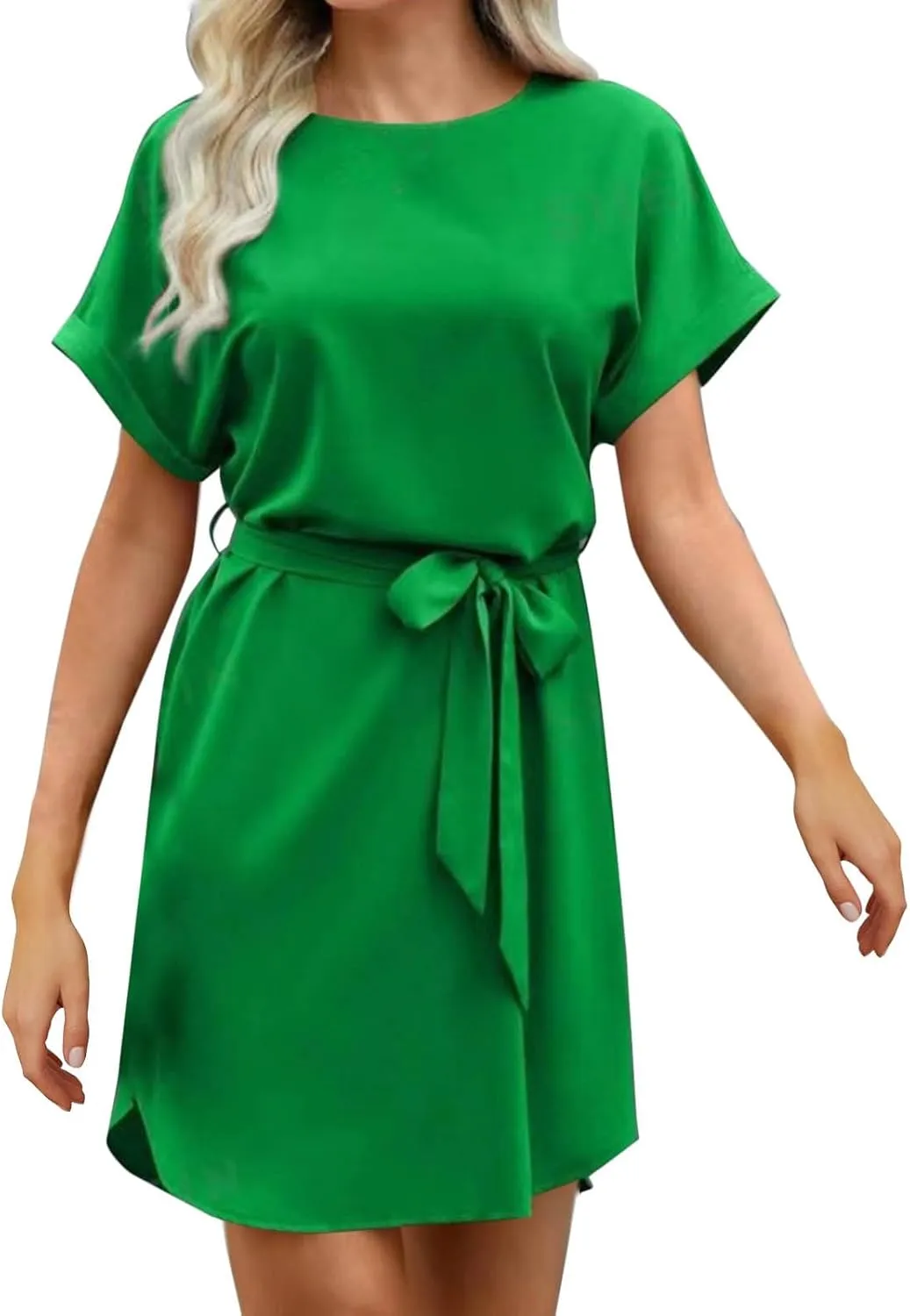 hlysgo Mini Dresses for Women Casual Loose Fit Short Sleeve Crew Neck Party Dress Trendy Silk Satin Tie-Belt Going Out Dress