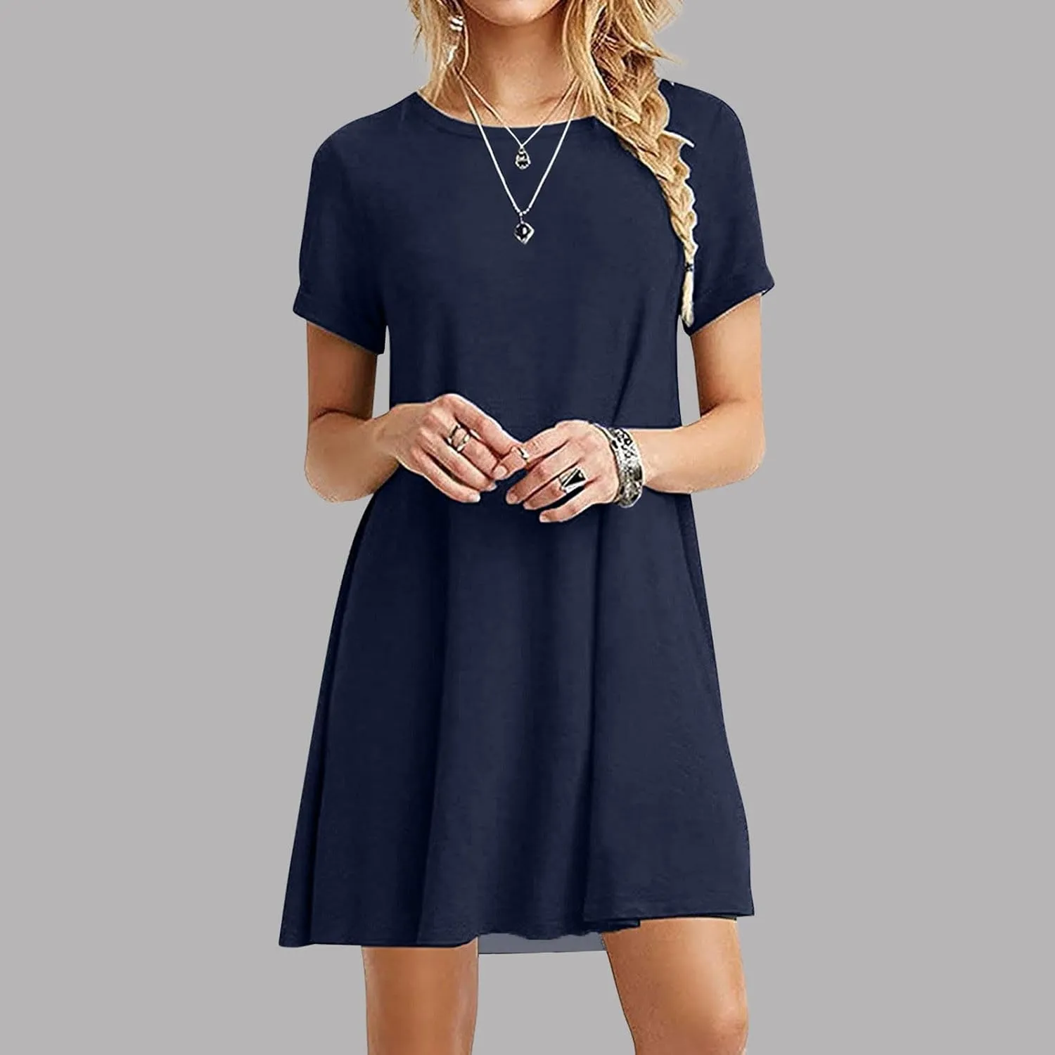 hlysgo Summer Mini Dress for Women Casual Loose Fit Short Sleeve Crew Neck T-Shirt Dresses Petite Ladies Knee Length Dress