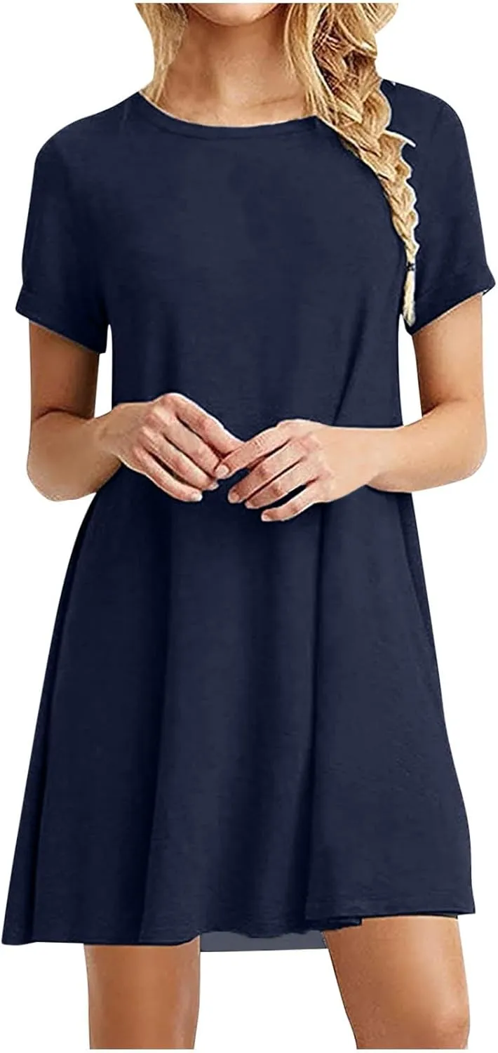 hlysgo Summer Mini Dress for Women Casual Loose Fit Short Sleeve Crew Neck T-Shirt Dresses Petite Ladies Knee Length Dress