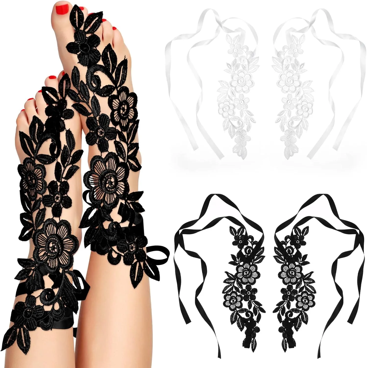 Janmercy 2 Pair Lace Barefoot Sandals Sexy Lace Embroidery Anklet with Toe Ring Vintage Floral Foot Jewelry for Women