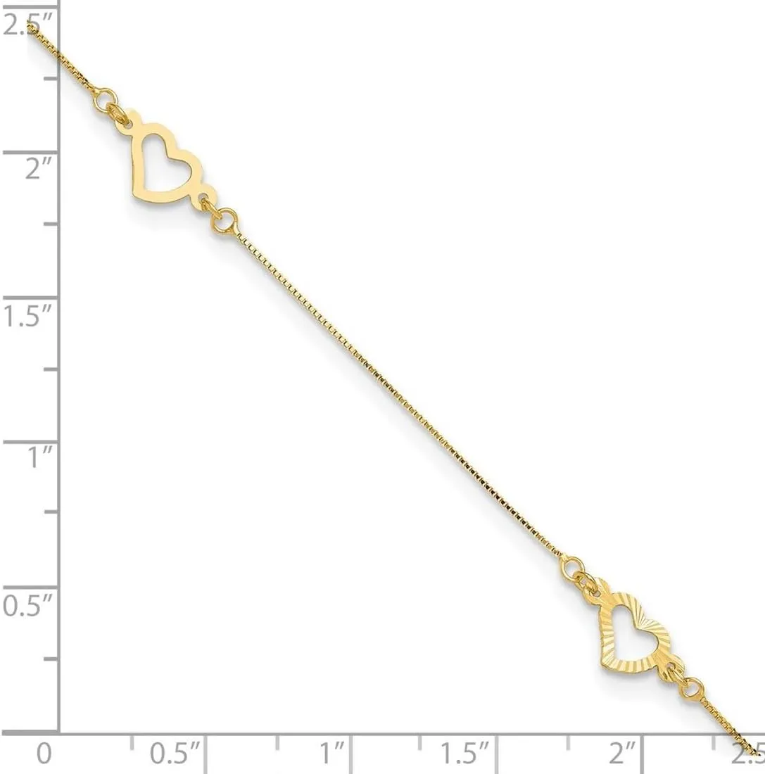 JewelryWeb 14k Gold Fancy Love Heart Plus 1in Ext. Anklet 1mm Wide-Anklet for Women