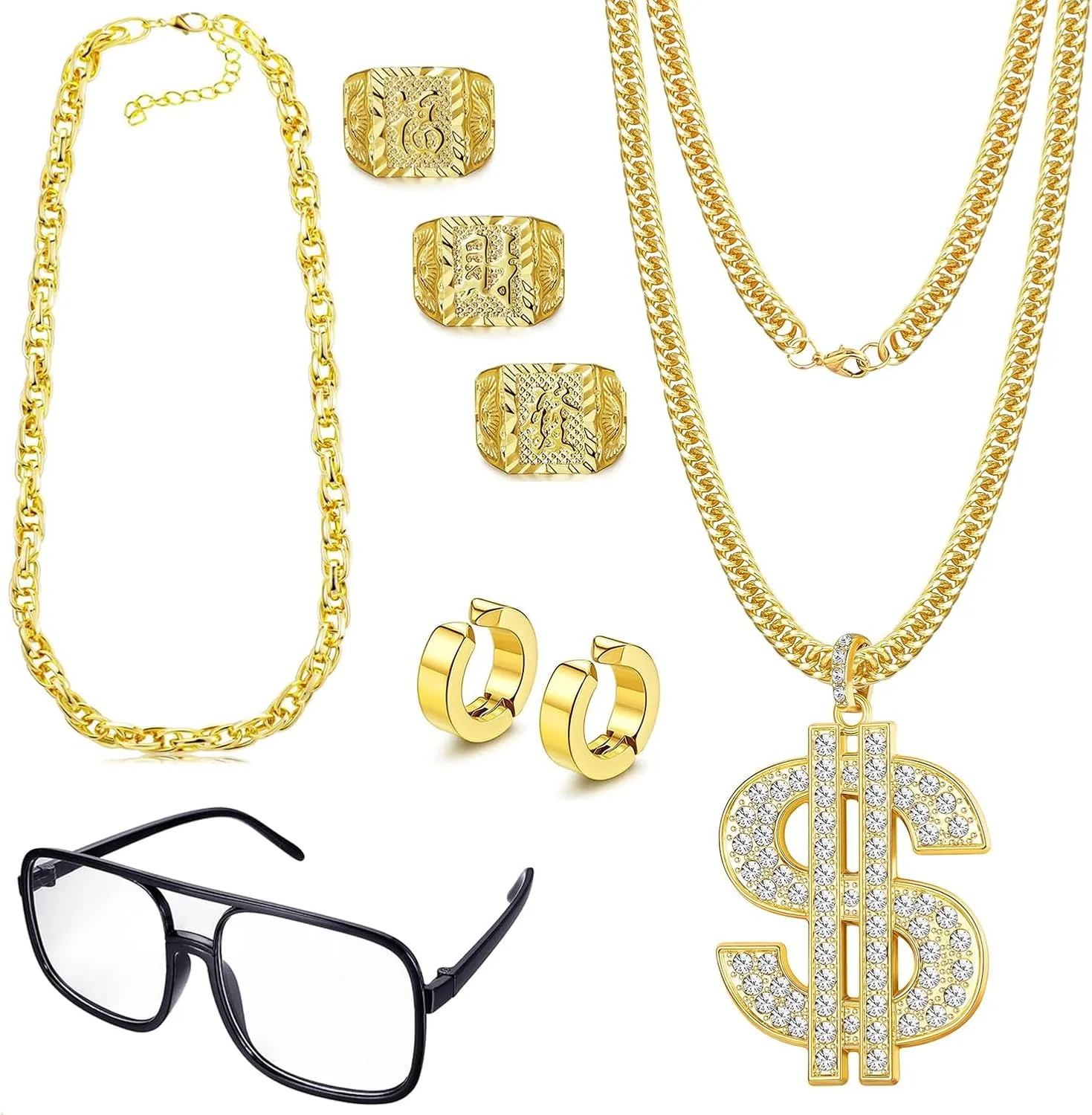 Jstyle Hip Hop Costume Kit Rapper Sunglasses Gold Dollar Sign Pendant Necklaces Gold Ring 80s/90s Rapper Accessories