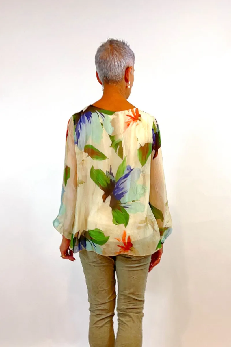 La Strada Silk Viscose V Neck Tierred Top Cobalt