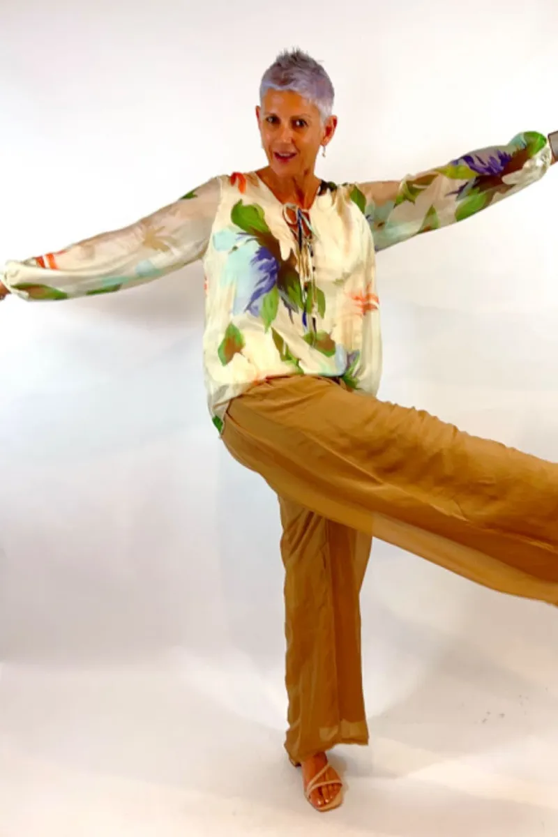 La Strada Silk Viscose V Neck Tierred Top Cobalt