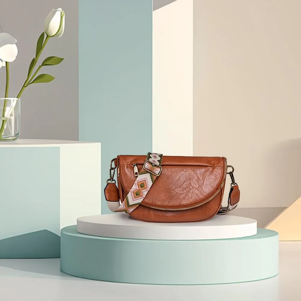 Large Capacity PU Leather Half Moon Crossbody Bag Adjustable Guitar Strap Crossbody Purses Women Stylish Satchel B