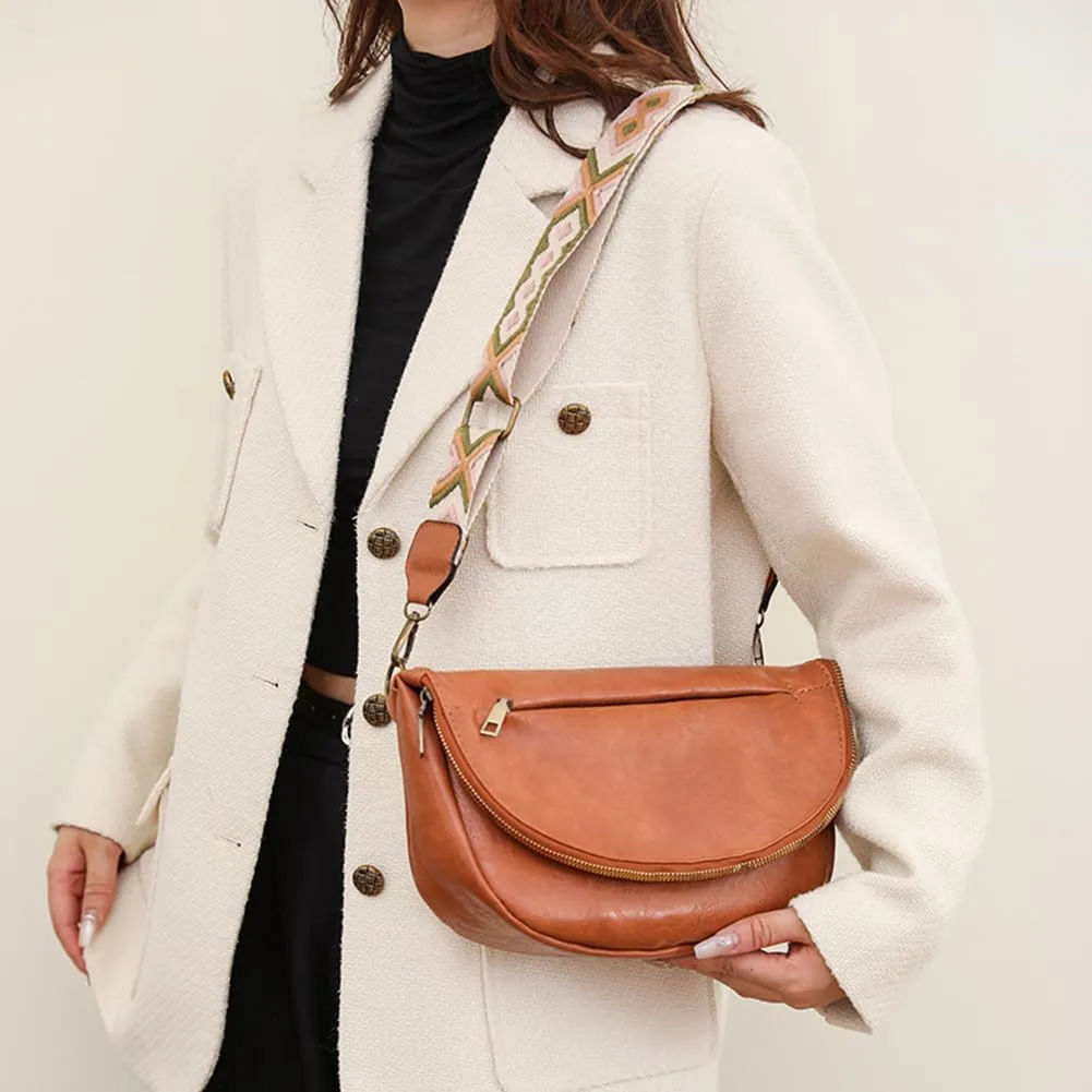 Large Capacity PU Leather Half Moon Crossbody Bag Adjustable Guitar Strap Crossbody Purses Women Stylish Satchel B