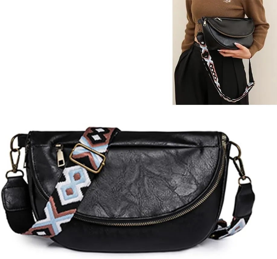 Large Capacity PU Leather Half Moon Crossbody Bag Adjustable Guitar Strap Crossbody Purses Women Stylish Satchel B