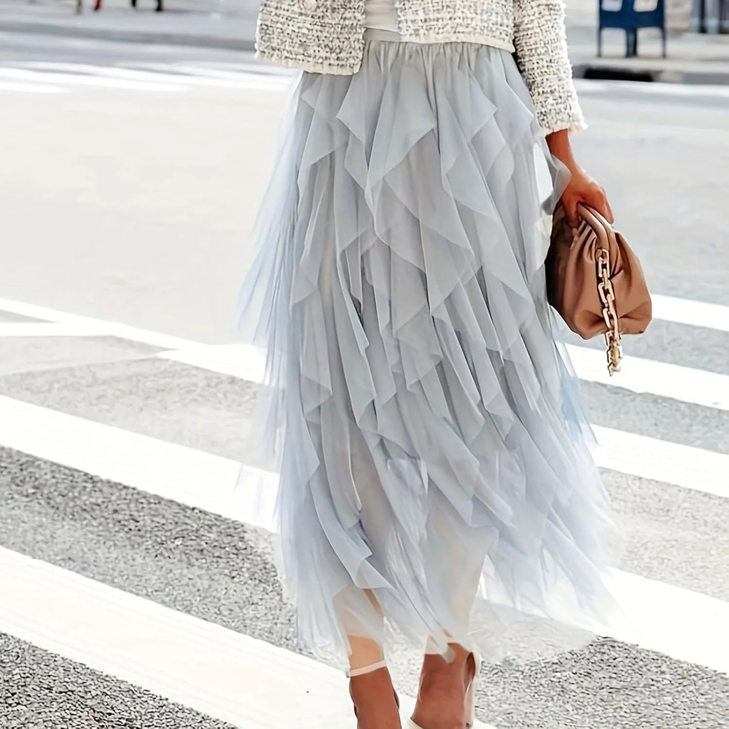 Layered Tutu Skirts for Women High Waist A Line Fairy Ruffle Mesh Midi Tulle Skirt Bridesmaid Wedding Irregular Skirt