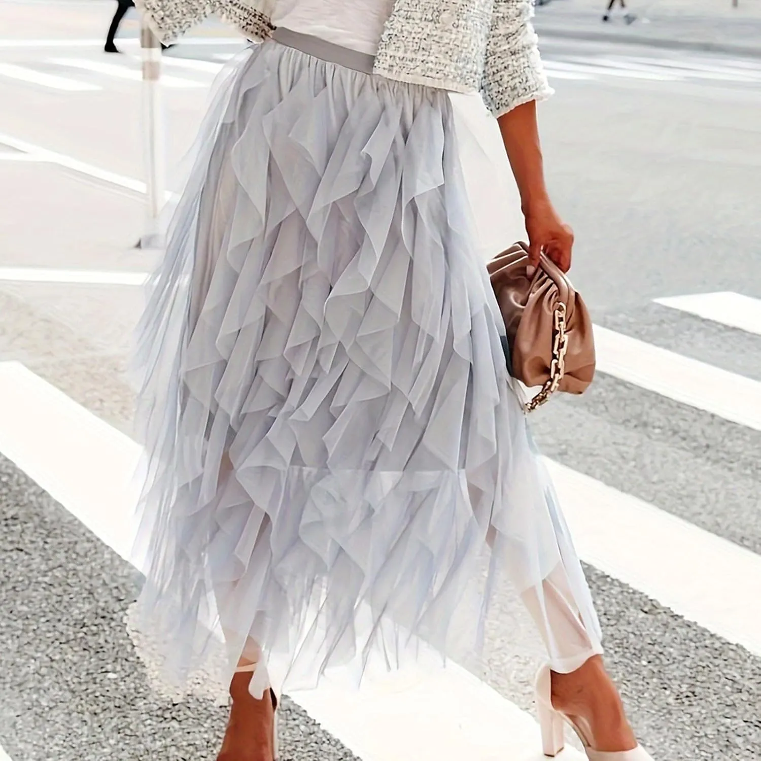 Layered Tutu Skirts for Women High Waist A Line Fairy Ruffle Mesh Midi Tulle Skirt Bridesmaid Wedding Irregular Skirt