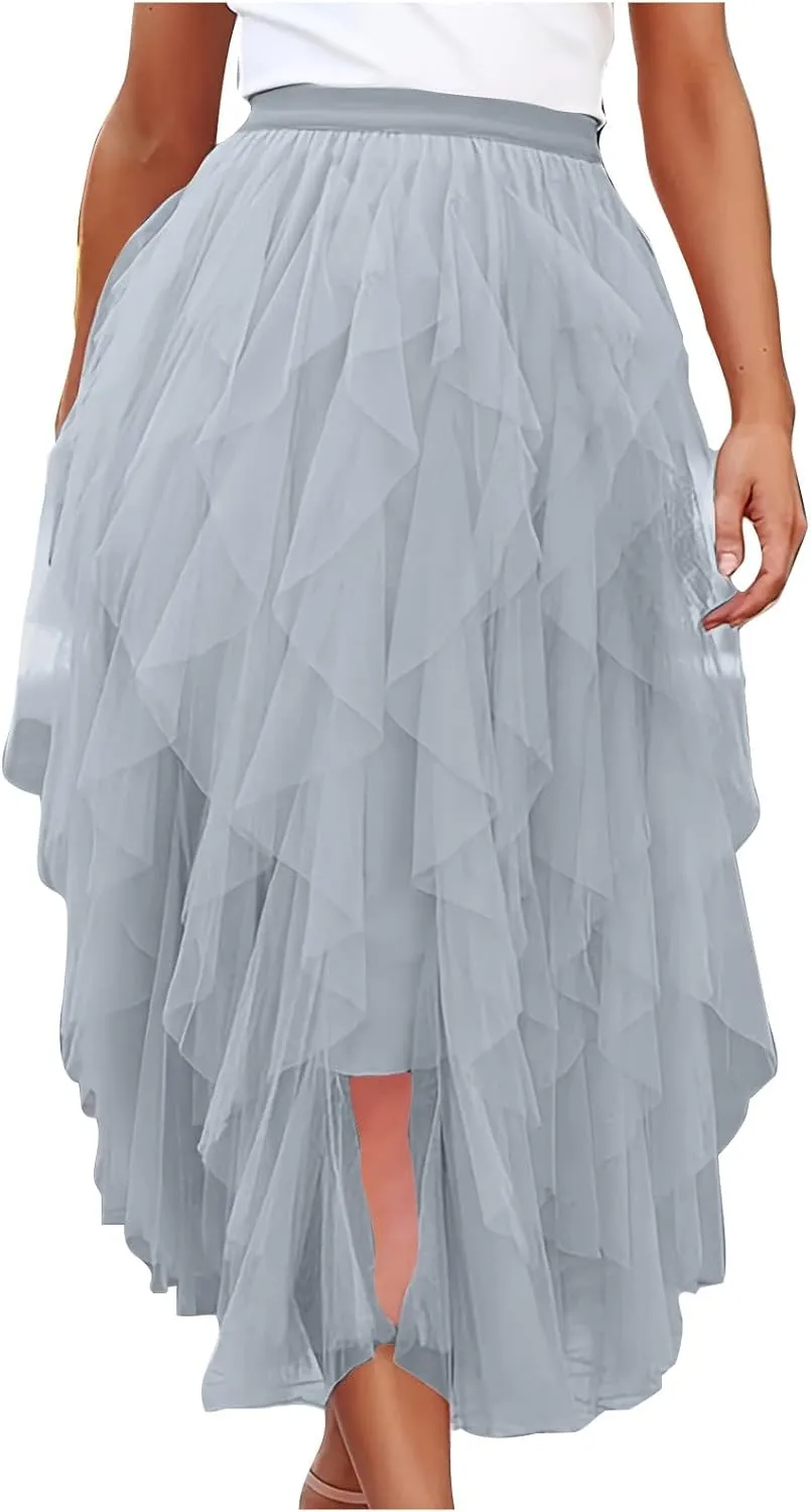 Layered Tutu Skirts for Women High Waist A Line Fairy Ruffle Mesh Midi Tulle Skirt Bridesmaid Wedding Irregular Skirt