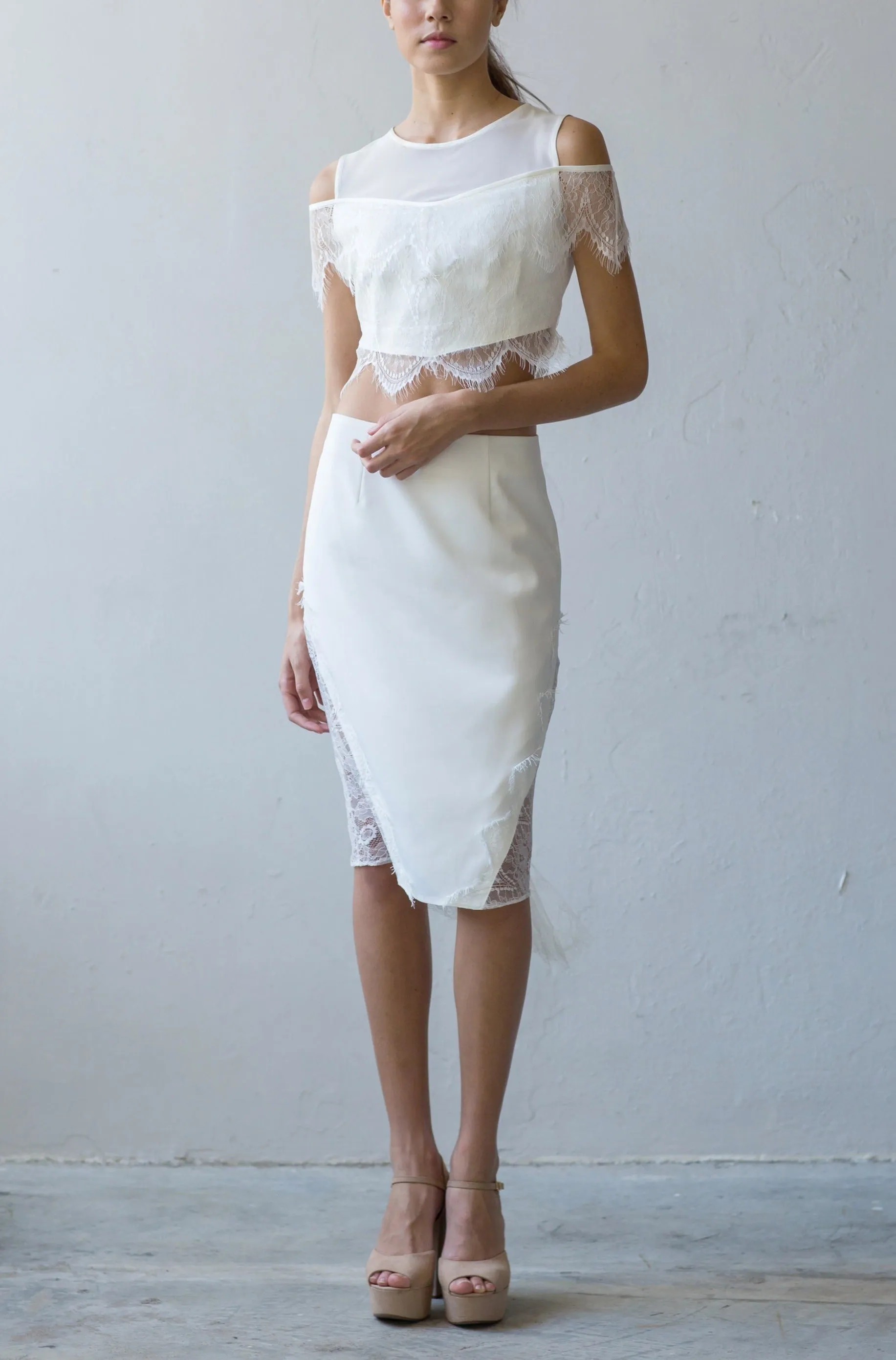 Leah fitted skirt with lace drape in cream