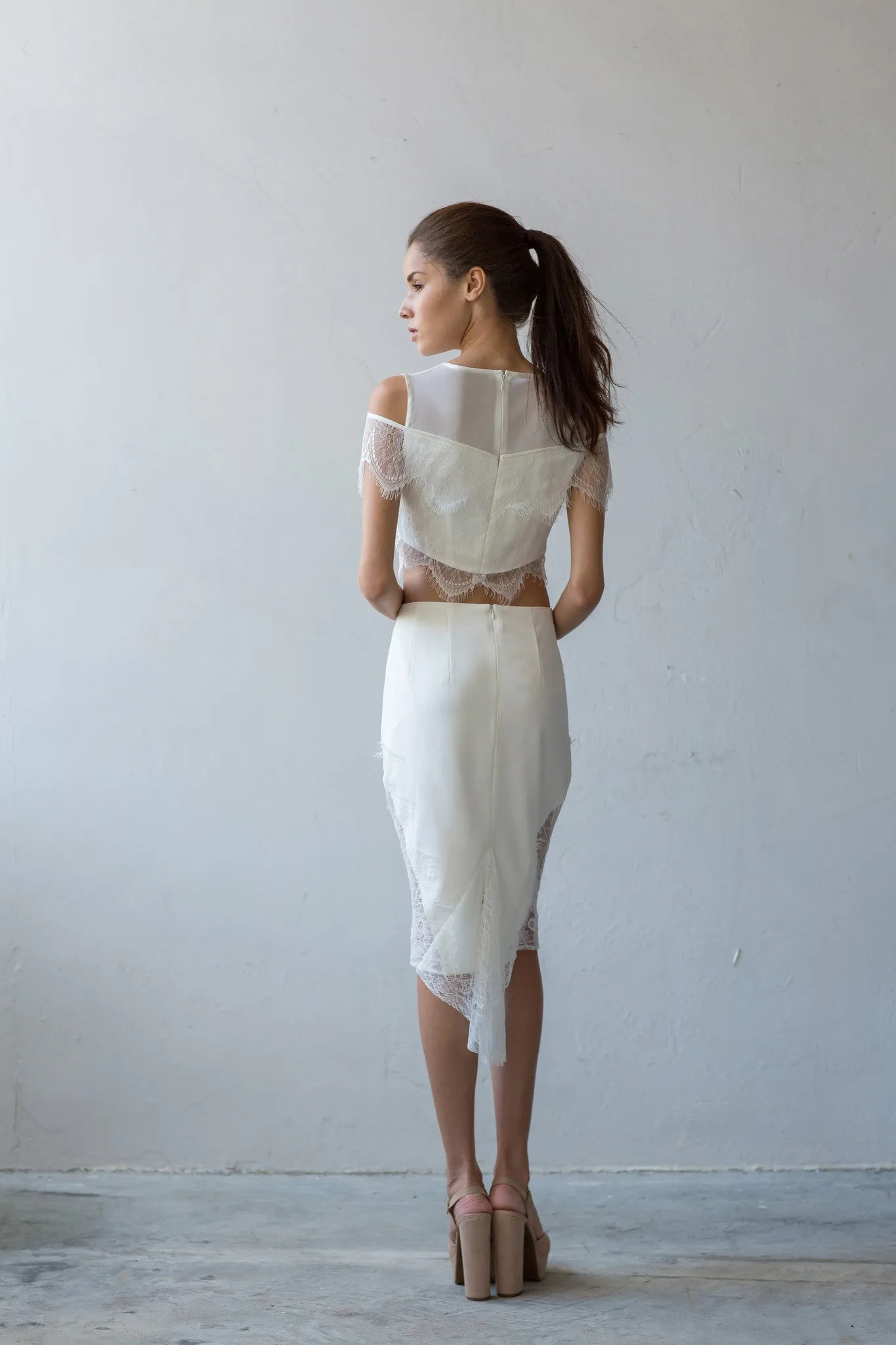 Leah fitted skirt with lace drape in cream