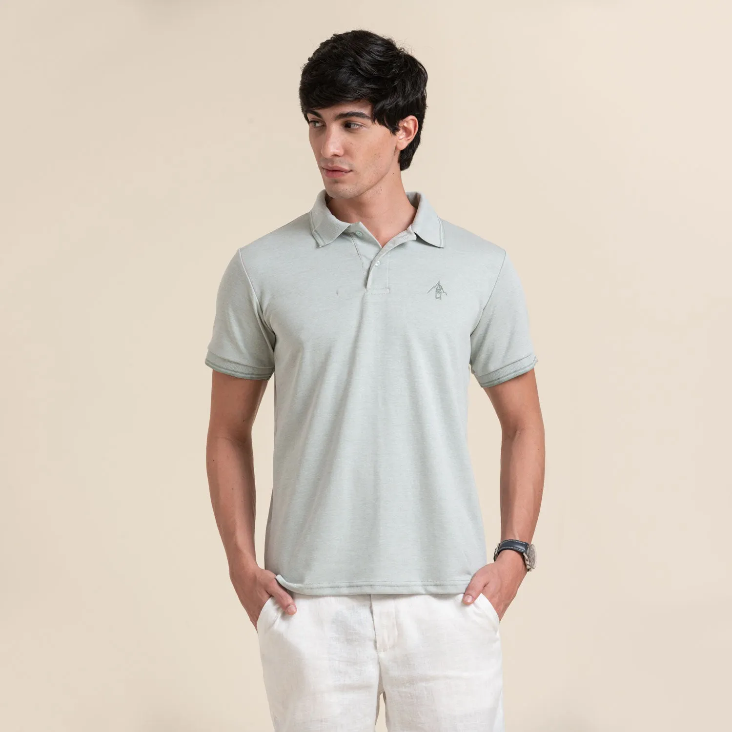 LIGHT GREEN PURE COTTON POLO COLLAR T-SHIRT
