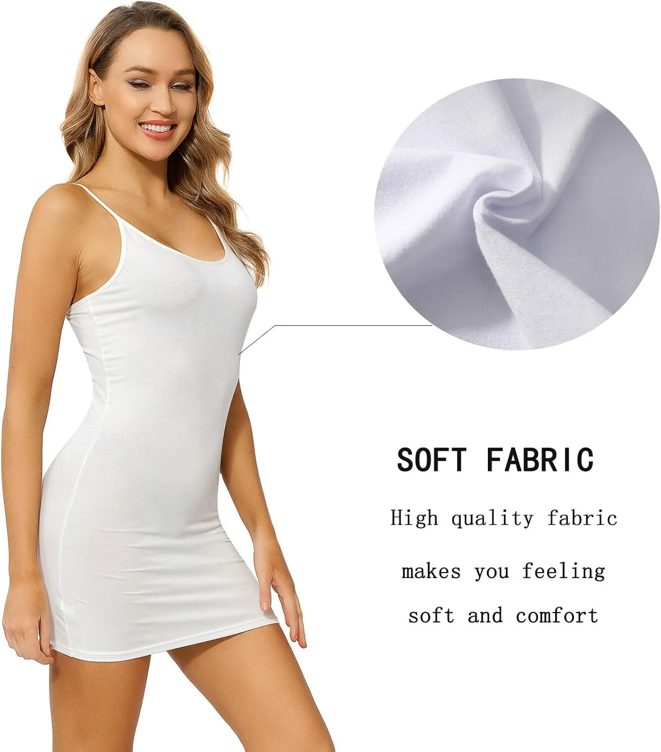 Long Basic Camisoles for Womens Black Tank Tops White with Adjustable Spaghetti Strap 2 Pack