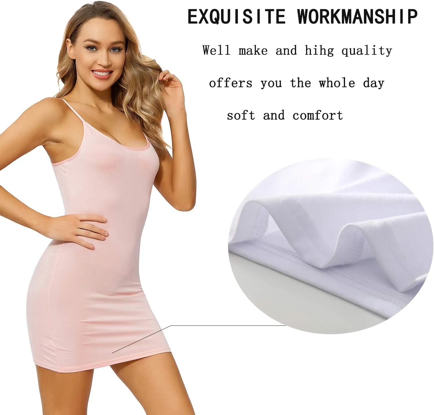 Long Basic Camisoles for Womens Black Tank Tops White with Adjustable Spaghetti Strap 2 Pack