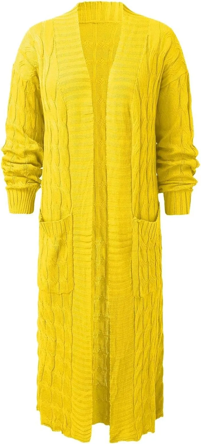 Long Cardigan for Women Long Sleeve Cable Knit Loose Plain Fall Winter Trench Coat with Pocket Autumn Outwear Spring