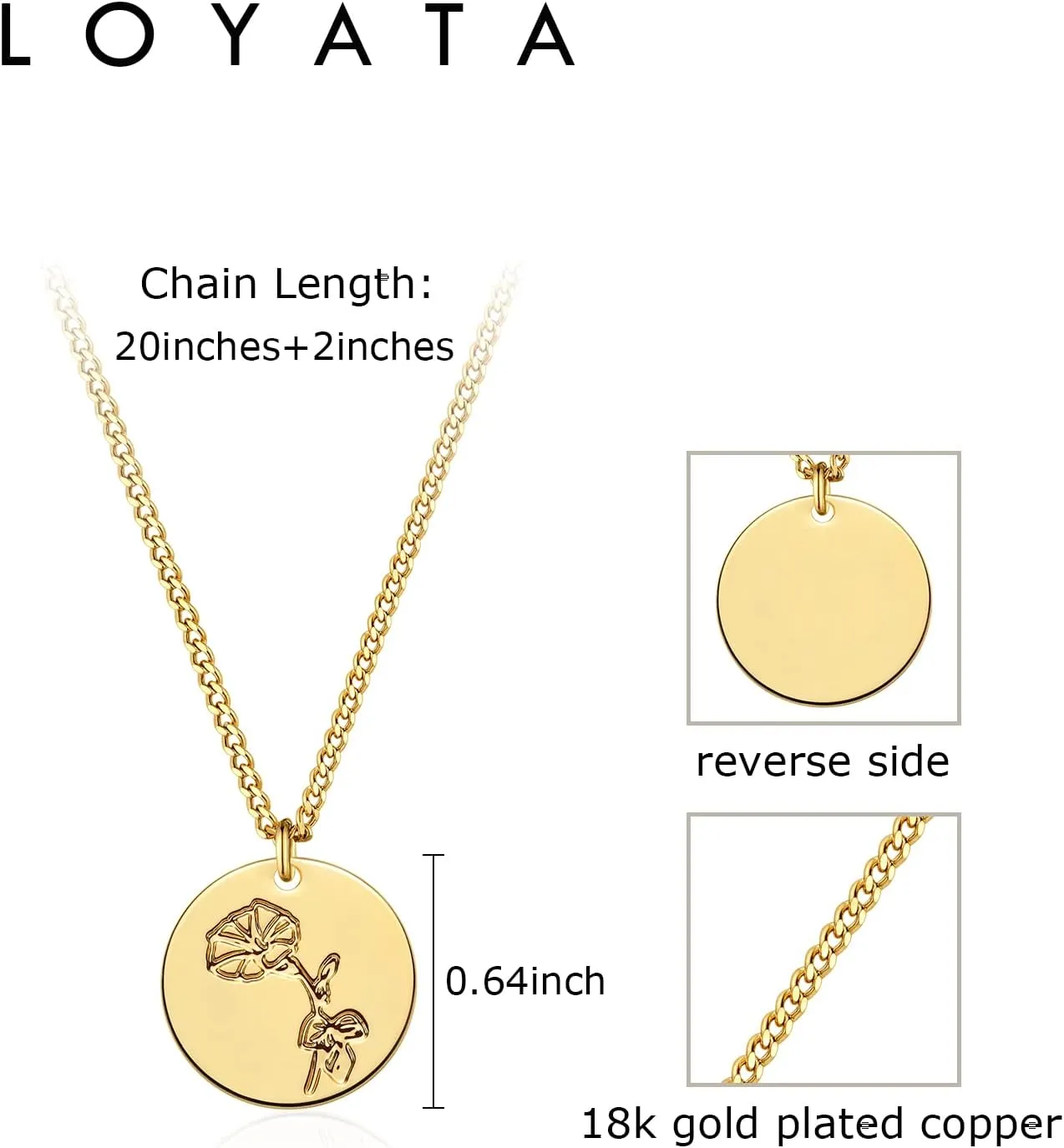 LOYATA Birth Flower Necklace Dainty 14K Gold Plated Necklace Engraved Custom Floral Pendant Necklace Personalized Jewelry Handmade Birthday Gift for Women