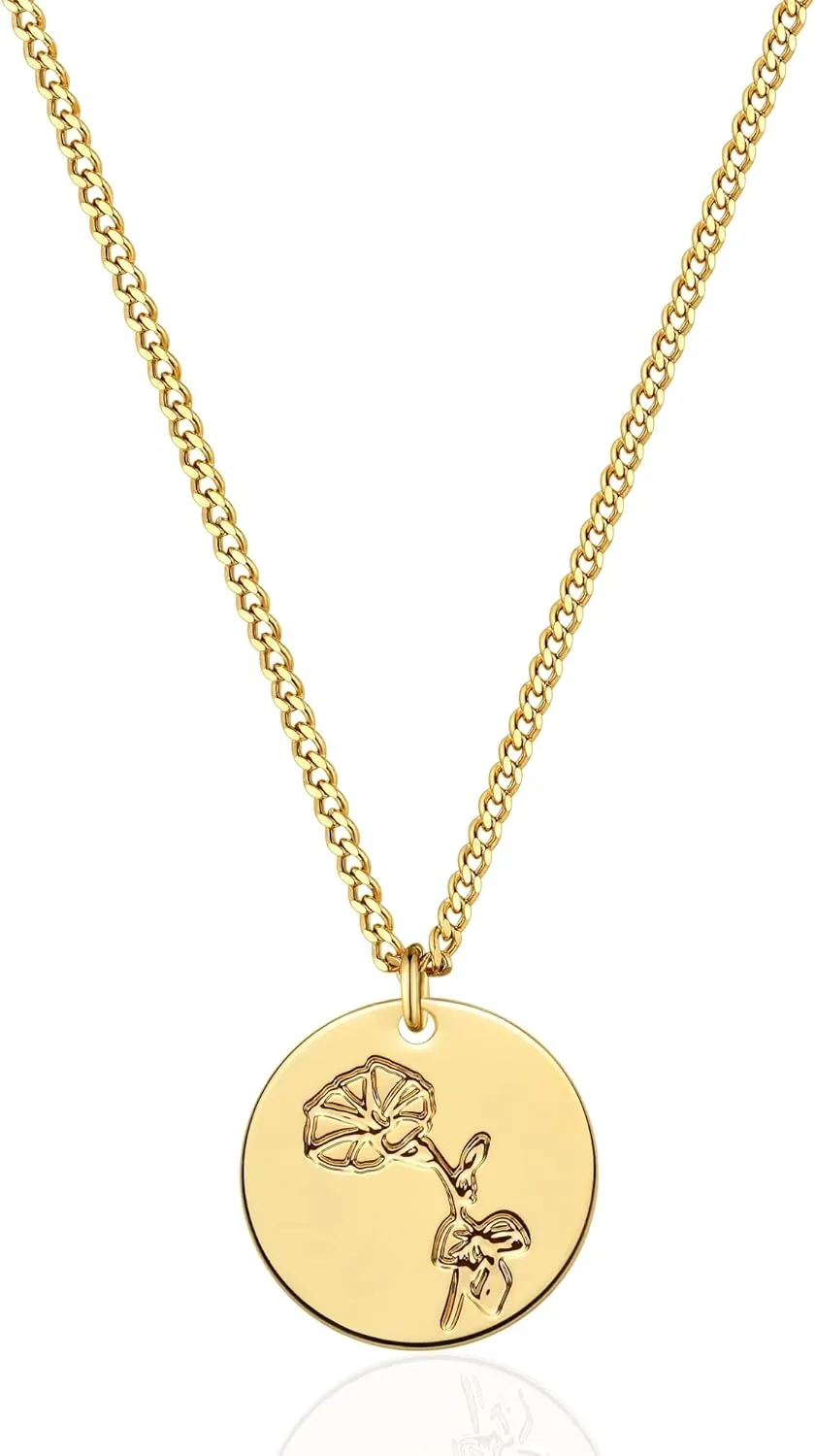 LOYATA Birth Flower Necklace Dainty 14K Gold Plated Necklace Engraved Custom Floral Pendant Necklace Personalized Jewelry Handmade Birthday Gift for Women