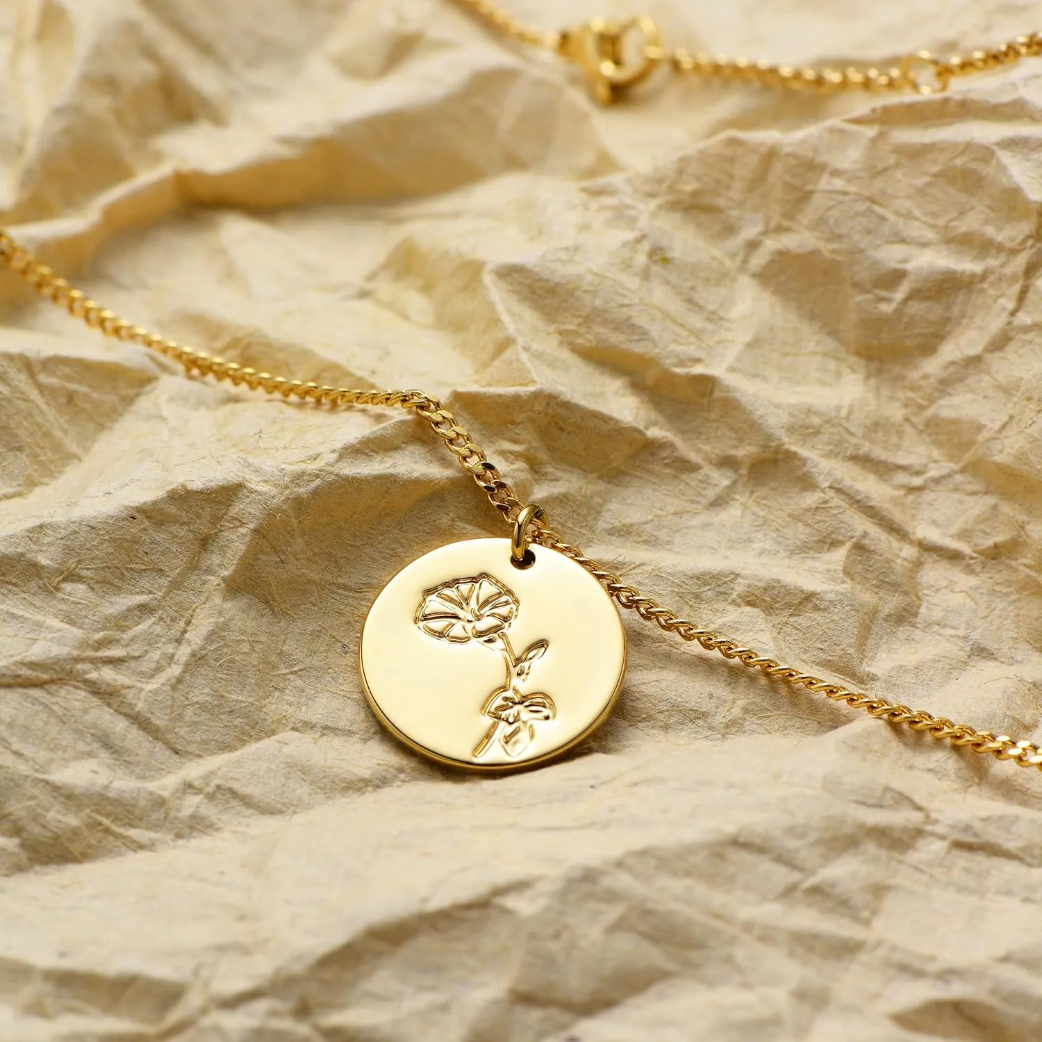 LOYATA Birth Flower Necklace Dainty 14K Gold Plated Necklace Engraved Custom Floral Pendant Necklace Personalized Jewelry Handmade Birthday Gift for Women