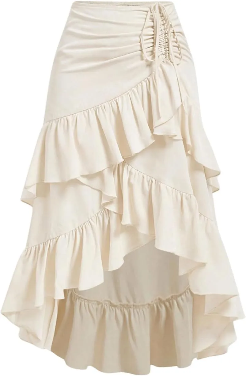 MakeMeChic Women's Ruched Ruffle Hem Tiered High Low Asymmetrical Drawstring Maxi Long Skirts