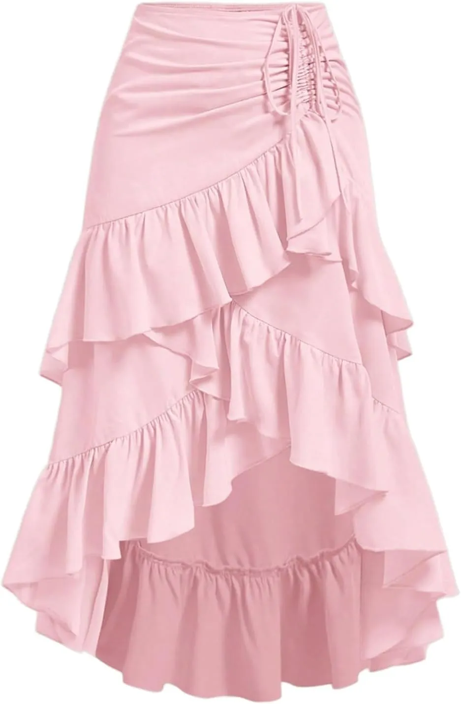 MakeMeChic Women's Ruched Ruffle Hem Tiered High Low Asymmetrical Drawstring Maxi Long Skirts