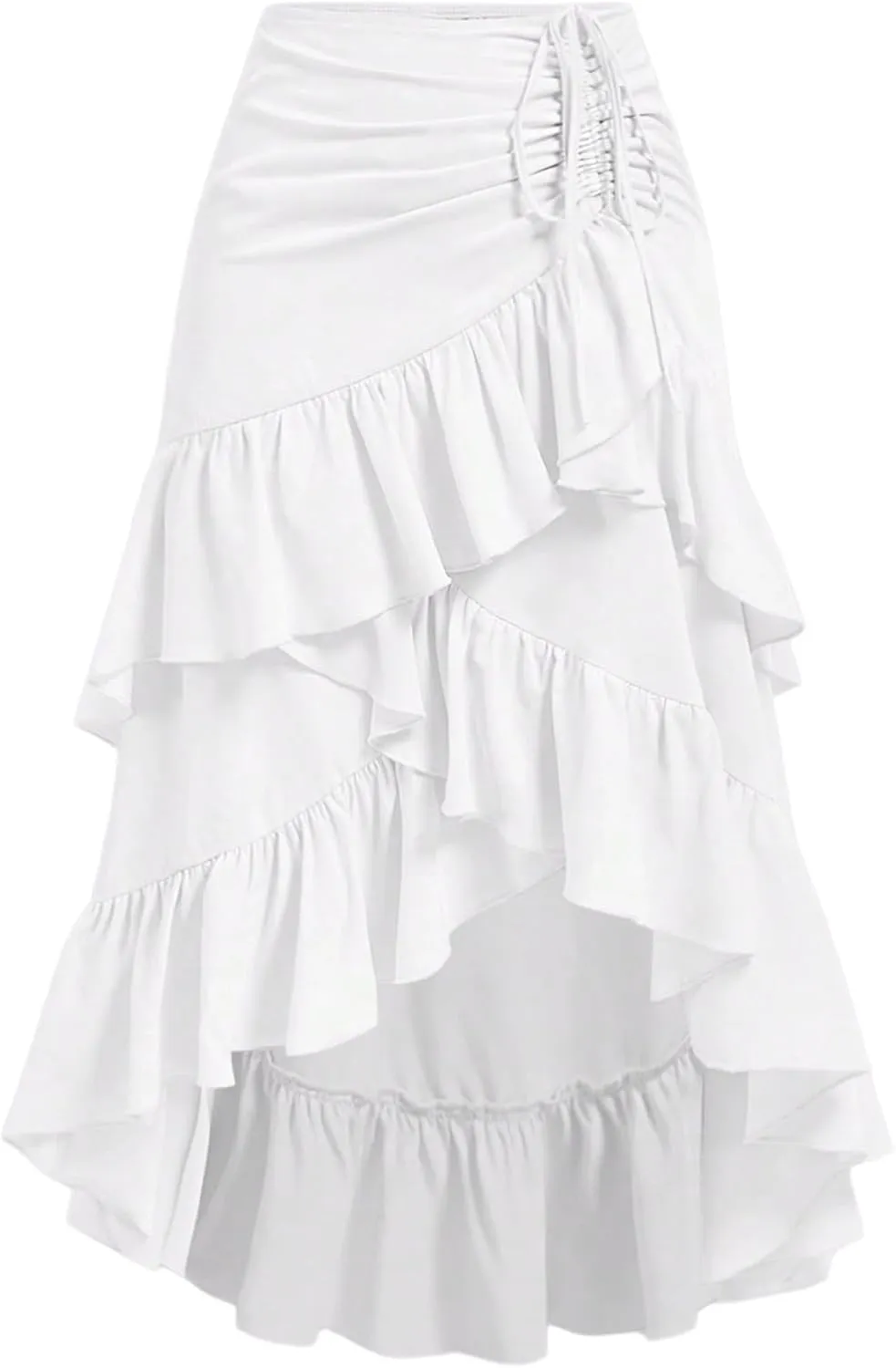 MakeMeChic Women's Ruched Ruffle Hem Tiered High Low Asymmetrical Drawstring Maxi Long Skirts