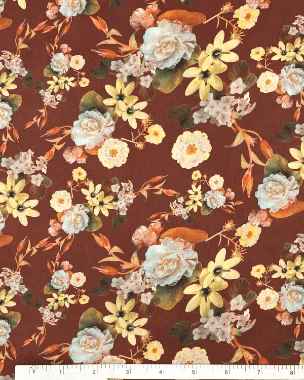 Maroon Yellow Orange Green Floral Fabric | Fall Wildflower Print on Cotton Sateen
