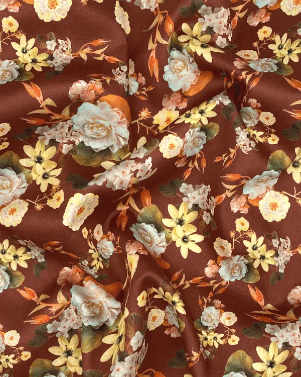 Maroon Yellow Orange Green Floral Fabric | Fall Wildflower Print on Cotton Sateen
