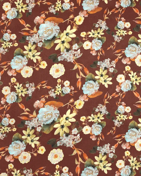 Maroon Yellow Orange Green Floral Fabric | Fall Wildflower Print on Cotton Sateen