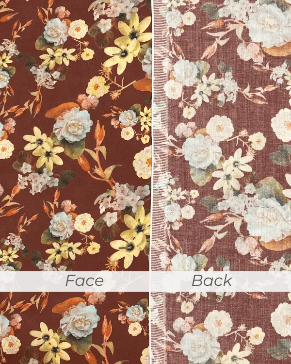 Maroon Yellow Orange Green Floral Fabric | Fall Wildflower Print on Cotton Sateen