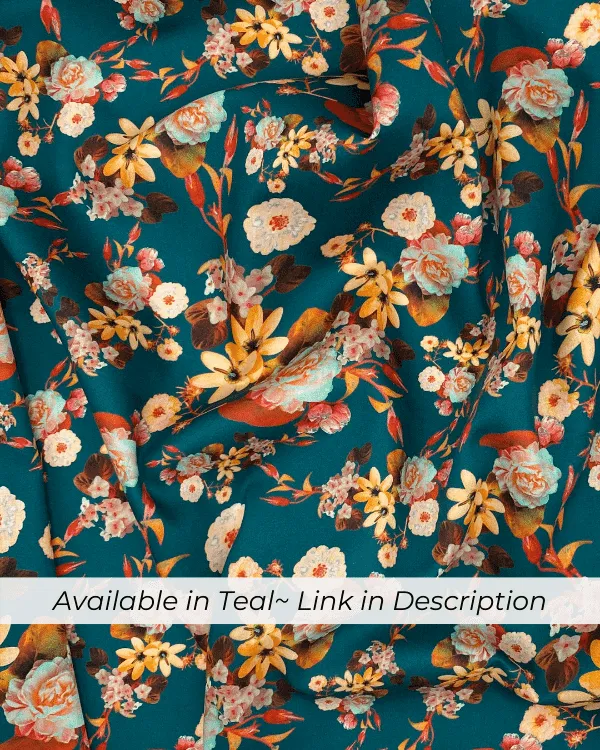 Maroon Yellow Orange Green Floral Fabric | Fall Wildflower Print on Cotton Sateen