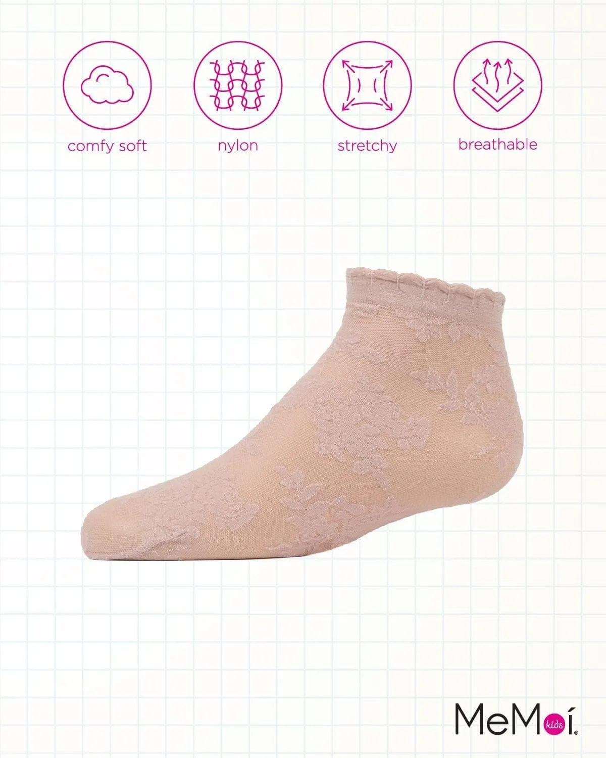 MeMoi Botanic Sheer Girls Floral Embroidered Anklet Socks