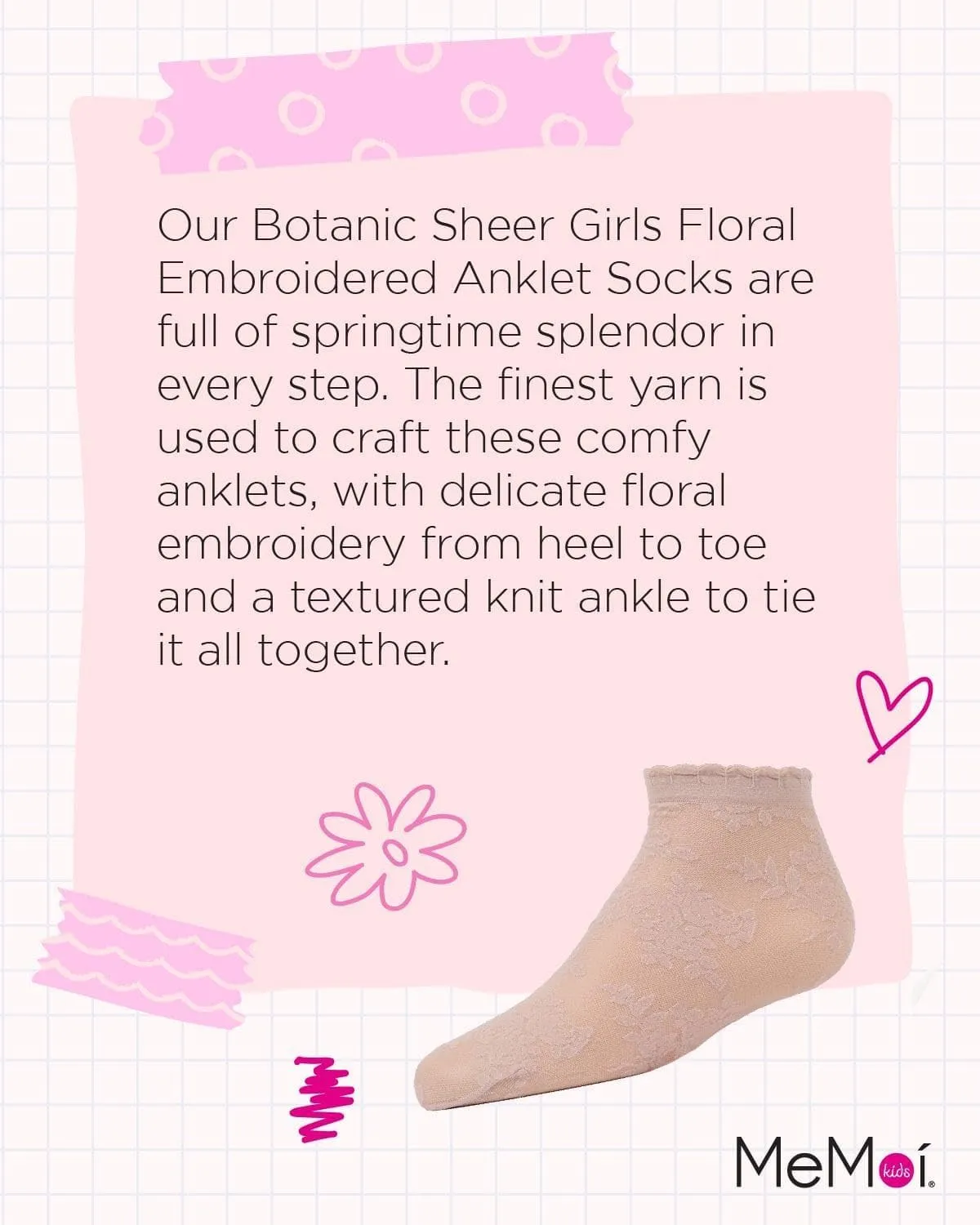 MeMoi Botanic Sheer Girls Floral Embroidered Anklet Socks