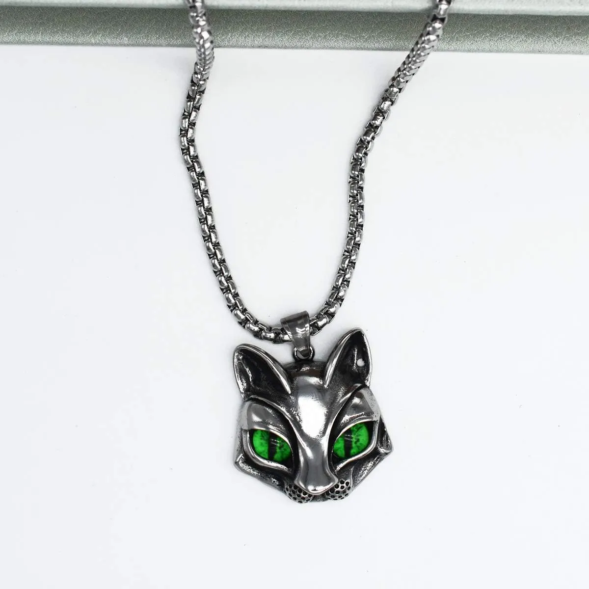 Men's 316L Stainless Steel Vintage Gothic Cat Head Eye Pendant Necklace Evil Eye Green/Blue/Yellow