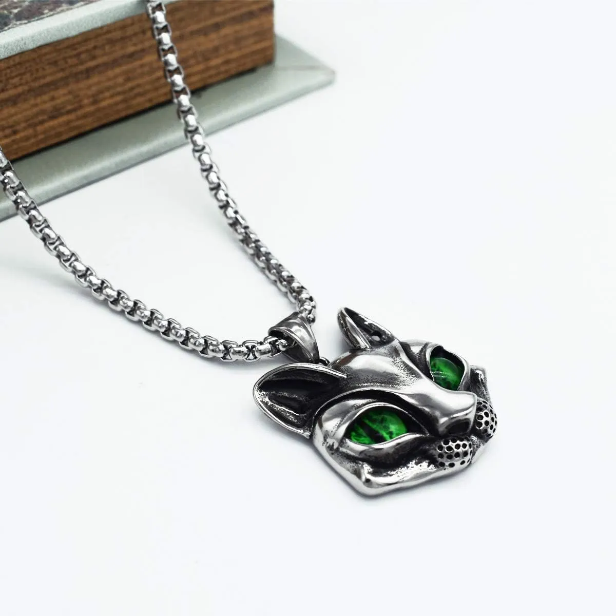Men's 316L Stainless Steel Vintage Gothic Cat Head Eye Pendant Necklace Evil Eye Green/Blue/Yellow
