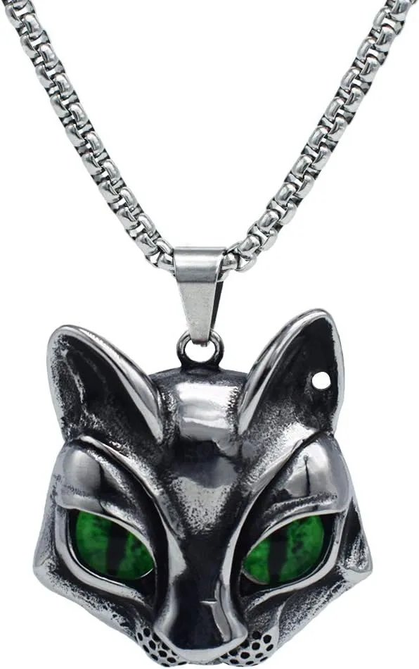 Men's 316L Stainless Steel Vintage Gothic Cat Head Eye Pendant Necklace Evil Eye Green/Blue/Yellow