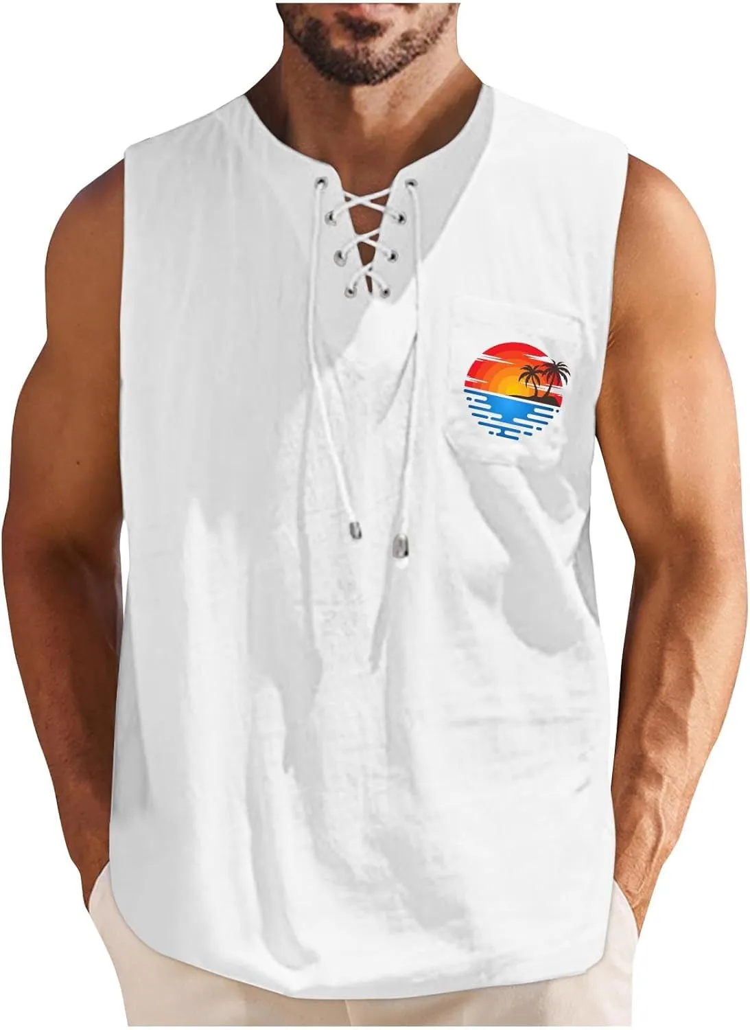 Men's Cotton Linen Tank Top Shirts Casual Sleeveless Lace Up Beach Hippie Tops Palm Tree Renaissance Pirate Tunic