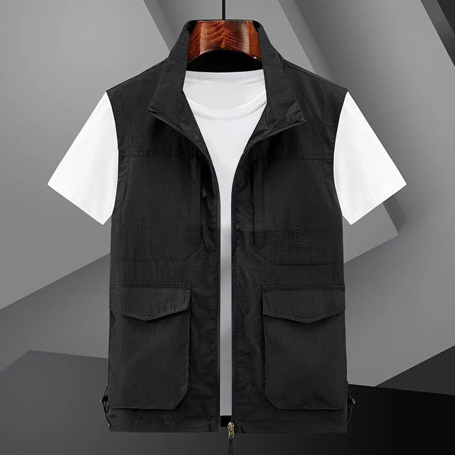 Mens Loose Vest Summer Casual Sports Vest Pocket Fishing Solid Color Zipper Cardigan Fishing Jacket