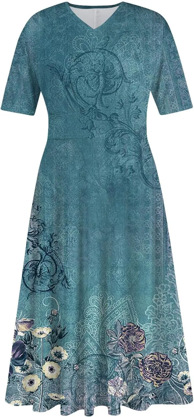 Midi Dresses for Women A-Line Waist V Neck Beach Dress Printing Swing Dress Short Sleeve Comfy Maxi Dresses