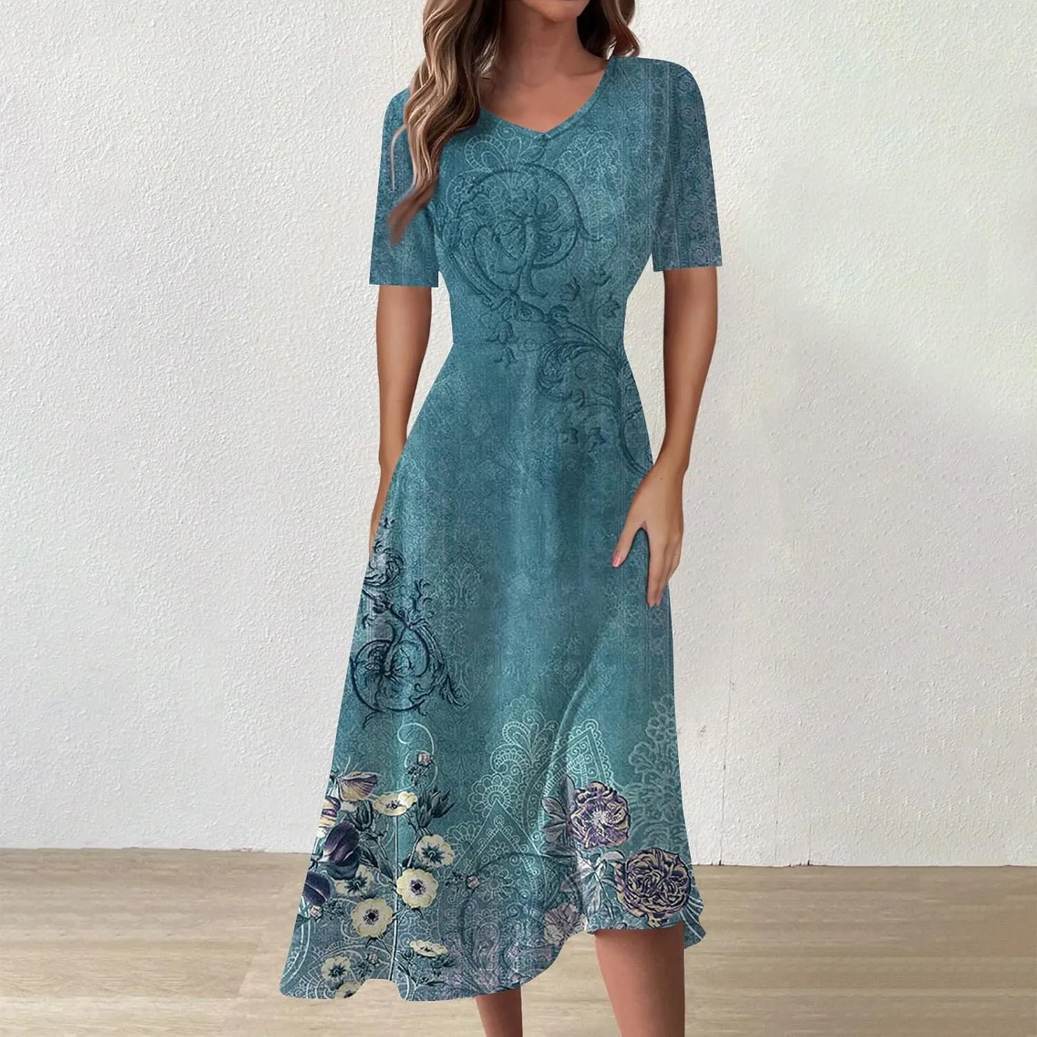 Midi Dresses for Women A-Line Waist V Neck Beach Dress Printing Swing Dress Short Sleeve Comfy Maxi Dresses