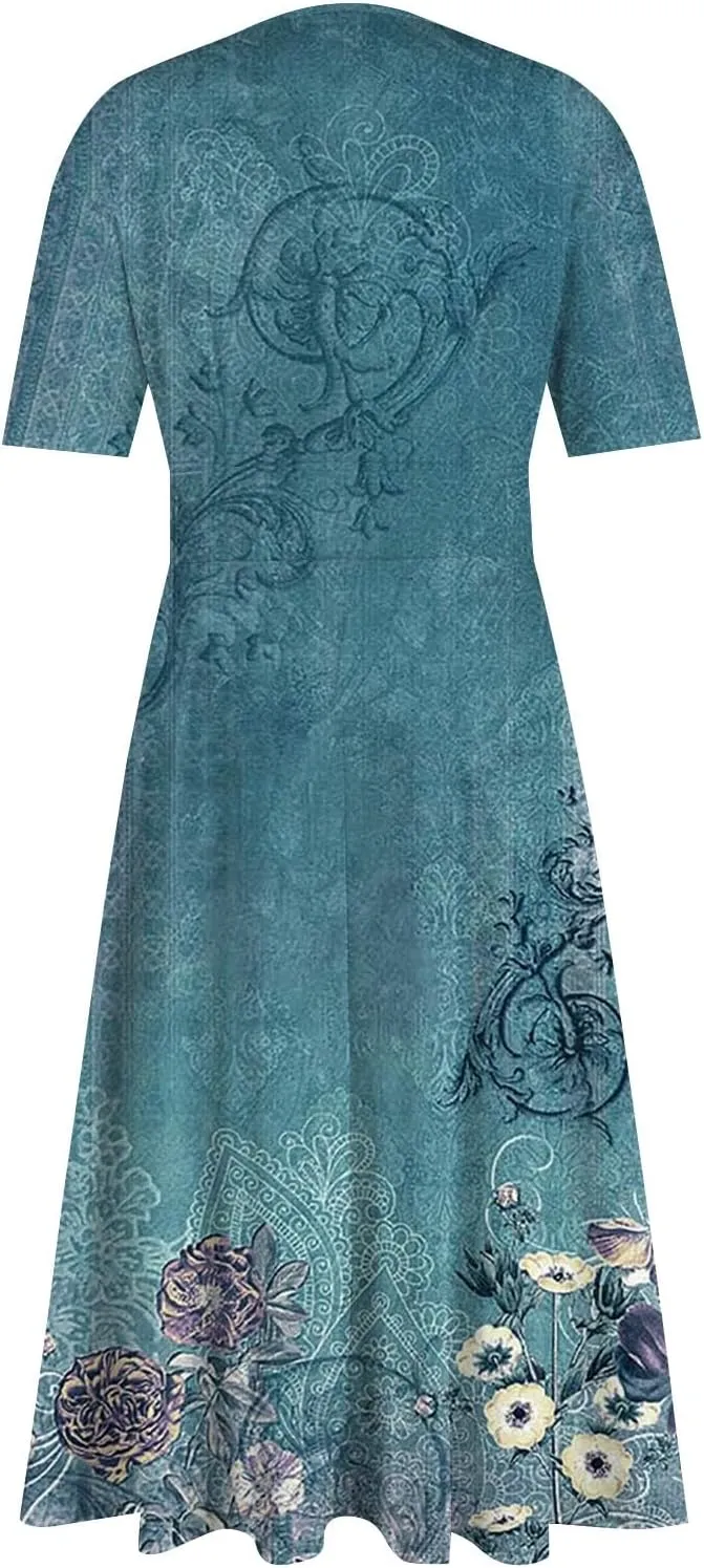 Midi Dresses for Women A-Line Waist V Neck Beach Dress Printing Swing Dress Short Sleeve Comfy Maxi Dresses